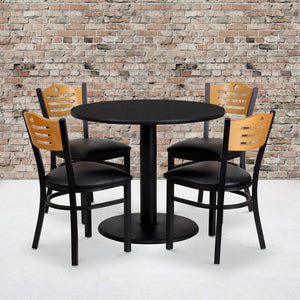 English Elm Clark 36'' Round Black Laminate Table Set with 4 Comfortable Metal Chairs - Perfect for Events! MD-0009-GG