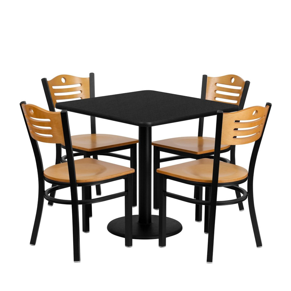English Elm Clark 30'' Square Black Laminate Table Set with 4 Durable Metal Chairs - Ideal for Events & Dining MD-0010-GG