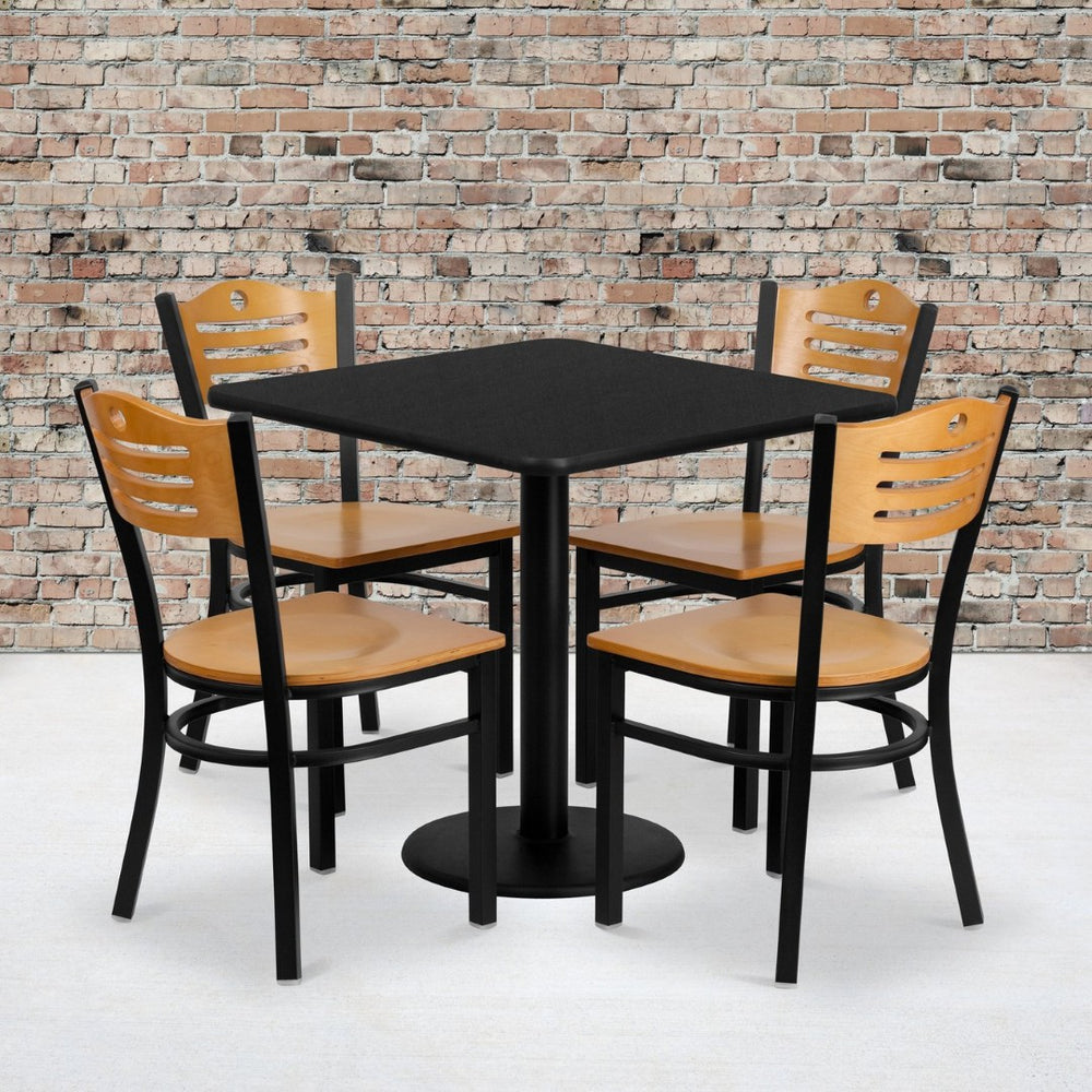 English Elm Clark 30'' Square Black Laminate Table Set with 4 Durable Metal Chairs - Ideal for Events & Dining MD-0010-GG