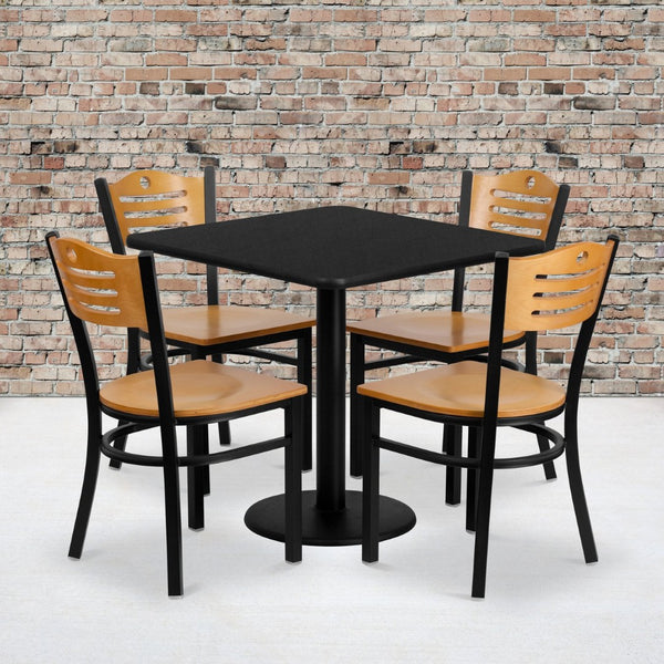 English Elm Clark 30'' Square Black Laminate Table Set with 4 Durable Metal Chairs - Ideal for Events & Dining MD-0010-GG