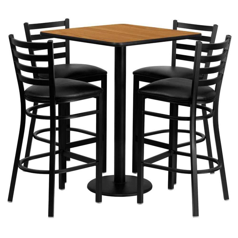 English Elm Clark Bar Height Table and 4 Sturdy Metal Ladder Back Barstools for Dining and Hospitality Spaces Natural Top/Black Vinyl Seat 30" Square MD-0012-GG