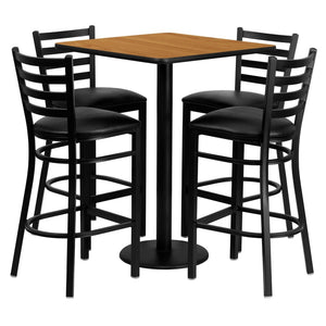 English Elm Clark Bar Height Table and 4 Sturdy Metal Ladder Back Barstools for Dining and Hospitality Spaces Natural Top/Black Vinyl Seat 30" Square MD-0012-GG