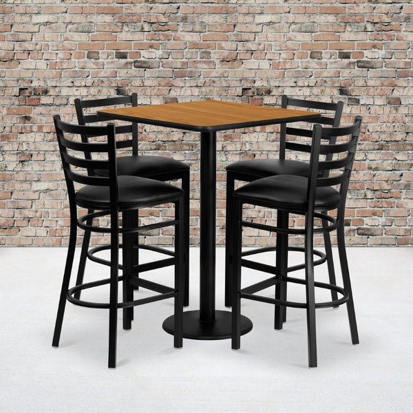 English Elm Clark Bar Height Table and 4 Sturdy Metal Ladder Back Barstools for Dining and Hospitality Spaces Natural Top/Black Vinyl Seat 30" Square MD-0012-GG