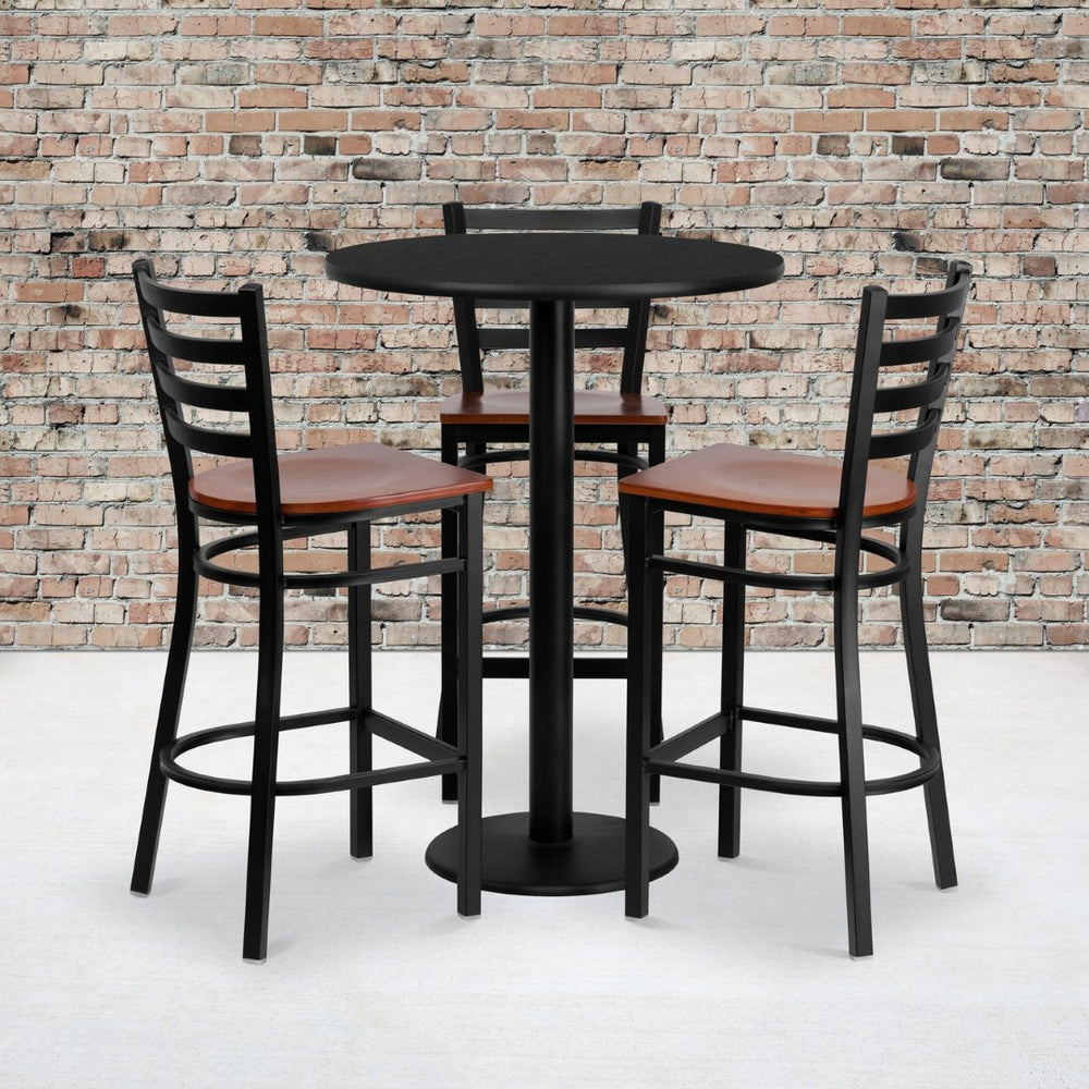 English Elm Clark 30" Round Black Laminate Table Set with 3 Sturdy Ladder-Back Barstools for Home & Bars MD-0013-GG