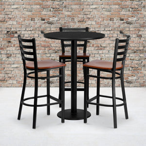 English Elm Clark 30" Round Black Laminate Table Set with 3 Sturdy Ladder-Back Barstools for Home & Bars MD-0013-GG