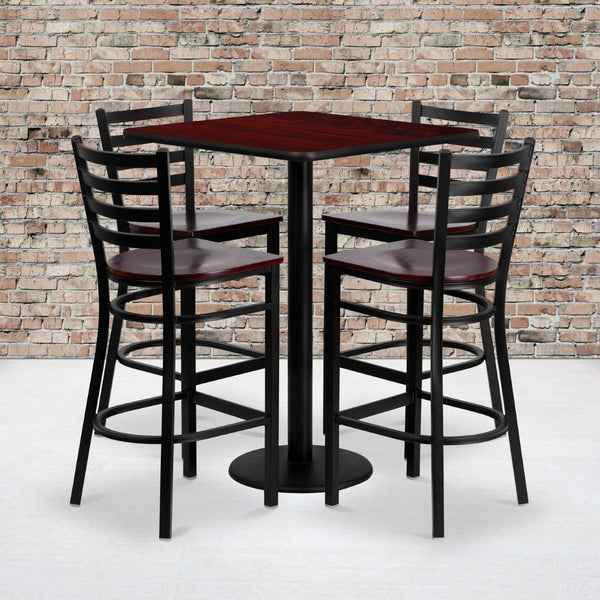 English Elm Clark Bar Height Table and 4 Sturdy Metal Ladder Back Barstools for Dining and Hospitality Spaces Mahogany Top/Mahogany Wood Seat 30" Square MD-0014-GG