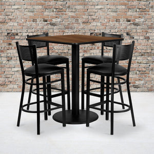 English Elm Clark 36'' Square Walnut Laminate Bar-Height Table Set with 4 Sturdy Grid-Back Metal Barstools MD-0015-GG