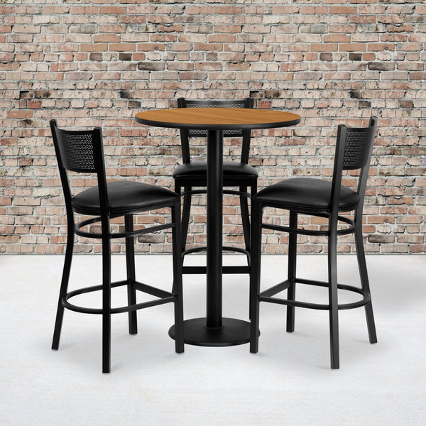 English Elm Clark Bar Height Table Set with 3 Durable Metal Barstools - Perfect for Dining & Hospitality Spaces Natural Top/Black Vinyl Seat 30" Round MD-0016-GG