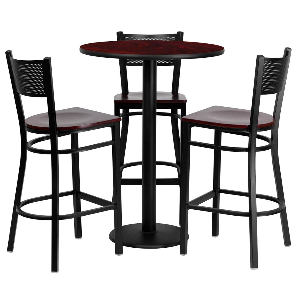 English Elm Clark Bar Height Table Set with 3 Durable Metal Barstools - Perfect for Dining & Hospitality Spaces Mahogany Top/Mahogany Wood Seat 30" Round MD-0017-GG