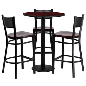 English Elm Clark Bar Height Table Set with 3 Durable Metal Barstools - Perfect for Dining & Hospitality Spaces Mahogany Top/Mahogany Wood Seat 30" Round MD-0017-GG