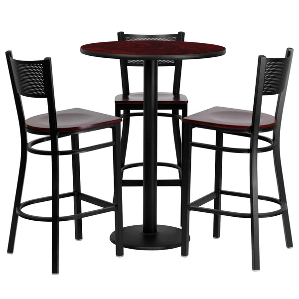 English Elm Clark Bar Height Table Set with 3 Durable Metal Barstools - Perfect for Dining & Hospitality Spaces Mahogany Top/Mahogany Wood Seat 30" Round MD-0017-GG