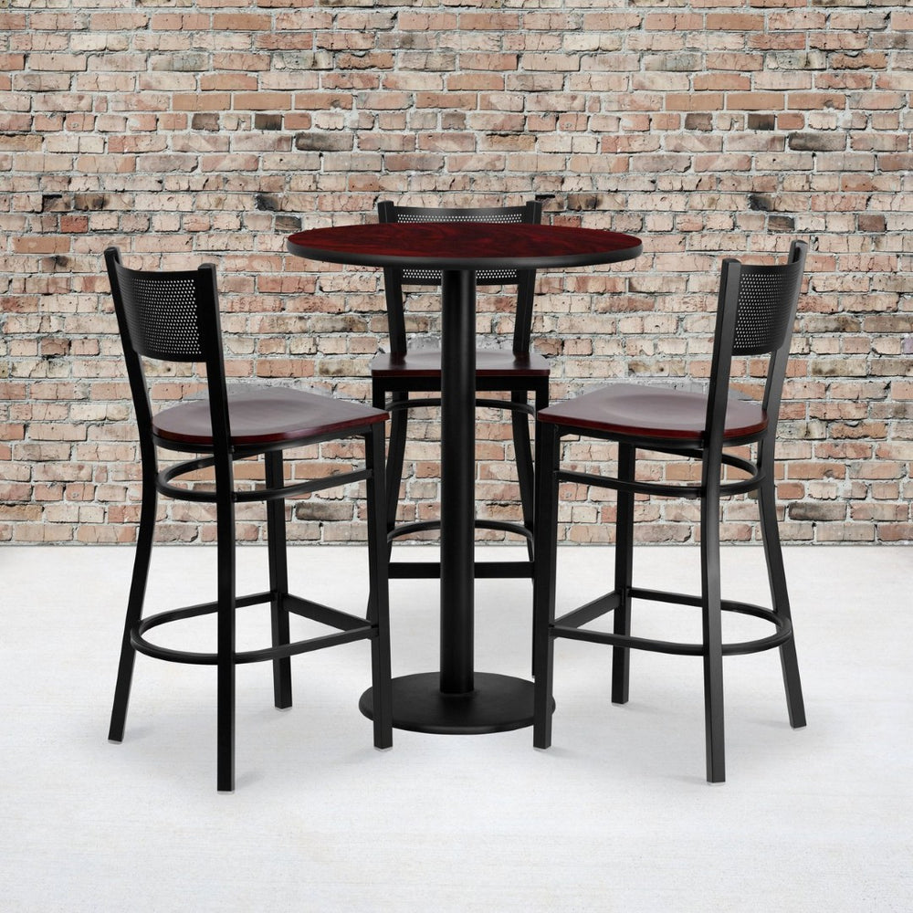 English Elm Clark Bar Height Table Set with 3 Durable Metal Barstools - Perfect for Dining & Hospitality Spaces Mahogany Top/Mahogany Wood Seat 30" Round MD-0017-GG