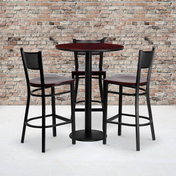 English Elm Clark Bar Height Table Set with 3 Durable Metal Barstools - Perfect for Dining & Hospitality Spaces Mahogany Top/Mahogany Wood Seat 30" Round MD-0017-GG