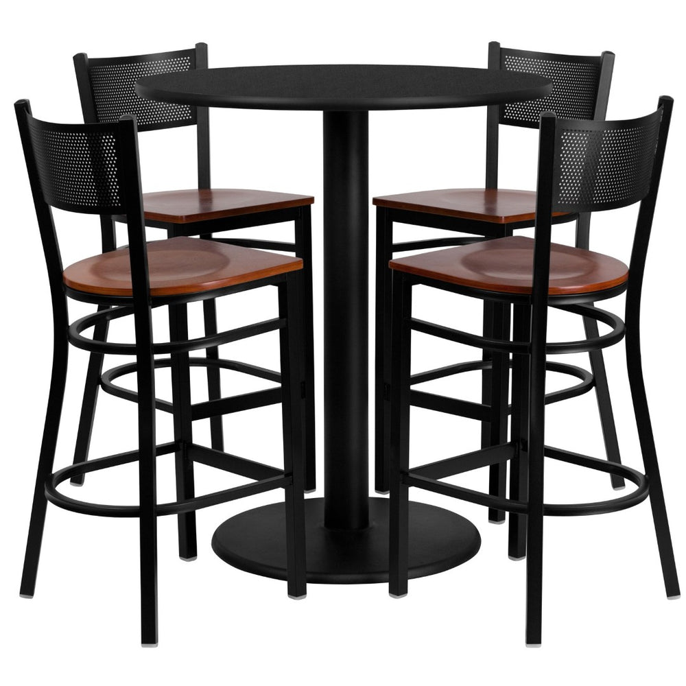 English Elm Clark 36" Round Black Laminate Table Set with 4 Durable Cherry Wood Barstools for Dining Spaces MD-0018-GG