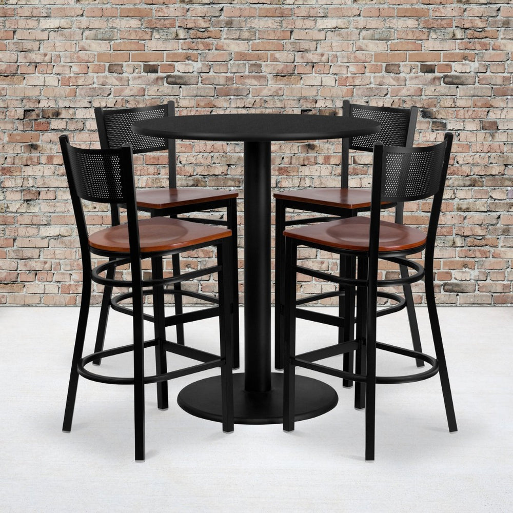 English Elm Clark 36" Round Black Laminate Table Set with 4 Durable Cherry Wood Barstools for Dining Spaces MD-0018-GG