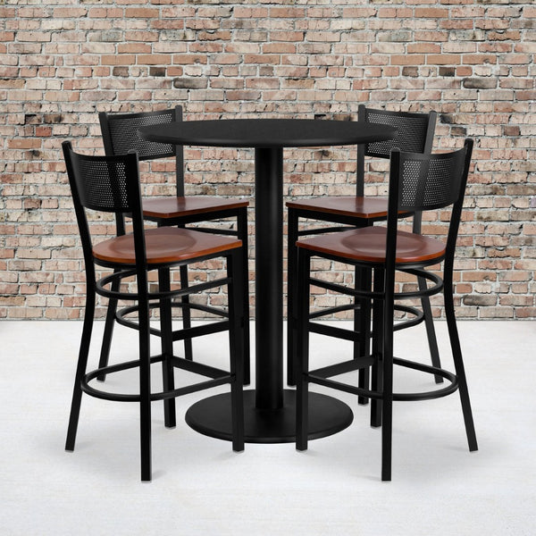 English Elm Clark 36" Round Black Laminate Table Set with 4 Durable Cherry Wood Barstools for Dining Spaces MD-0018-GG