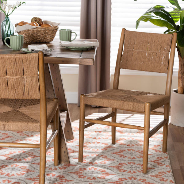 Bali & Pari Alva Handwoven Paper Loom Dining Chairs Mahogany Frame Set of Two