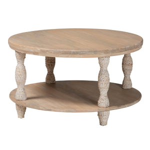 Baxton Studio Bali & Pari Lejane Solid Mango Wood Round Coffee Table with Seagrass Wrapped Legs MD-39956-White Wash Rustic-Wood-KD/Box-CT