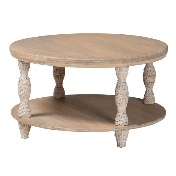 Baxton Studio Bali & Pari Lejane Solid Mango Wood Round Coffee Table with Seagrass Wrapped Legs MD-39956-White Wash Rustic-Wood-KD/Box-CT