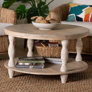 Bali & Pari Lejane Solid Mango Wood Round Coffee Table with Seagrass Wrapped Legs