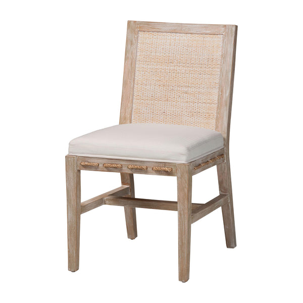 Baxton Studio Bali & Pari Handwoven Natural Dining Chairs with Solid Mahogany Legs Bohemian Coastal Style Whitewash Beige/White Mahogany Wood / Natural Rattan Webbing / Fabric 18.1W x 23.2D x 33.1H MD-39960-Ashford-White Wash-Wood-Cushion-DC