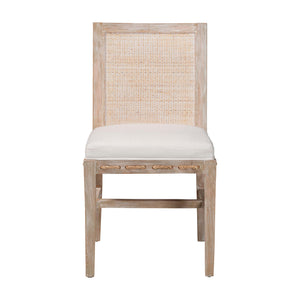 Baxton Studio Bali & Pari Handwoven Natural Dining Chairs with Solid Mahogany Legs Bohemian Coastal Style Whitewash Beige/White Mahogany Wood / Natural Rattan Webbing / Fabric 18.1W x 23.2D x 33.1H MD-39960-Ashford-White Wash-Wood-Cushion-DC