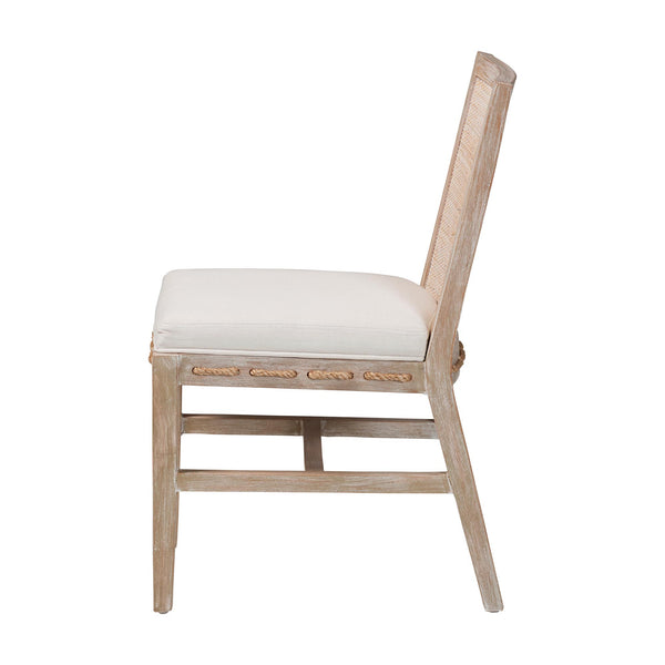 Baxton Studio Bali & Pari Handwoven Natural Dining Chairs with Solid Mahogany Legs Bohemian Coastal Style Whitewash Beige/White Mahogany Wood / Natural Rattan Webbing / Fabric 18.1W x 23.2D x 33.1H MD-39960-Ashford-White Wash-Wood-Cushion-DC