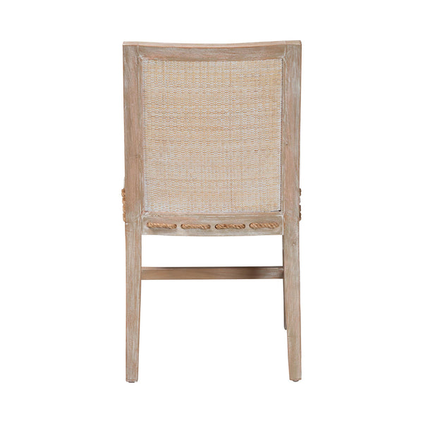 Baxton Studio Bali & Pari Handwoven Natural Dining Chairs with Solid Mahogany Legs Bohemian Coastal Style Whitewash Beige/White Mahogany Wood / Natural Rattan Webbing / Fabric 18.1W x 23.2D x 33.1H MD-39960-Ashford-White Wash-Wood-Cushion-DC