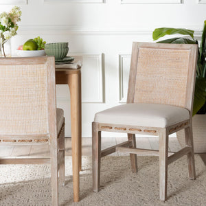 Baxton Studio Bali & Pari Handwoven Natural Dining Chairs with Solid Mahogany Legs Bohemian Coastal Style Whitewash Beige/White Mahogany Wood / Natural Rattan Webbing / Fabric 18.1W x 23.2D x 33.1H MD-39960-Ashford-White Wash-Wood-Cushion-DC