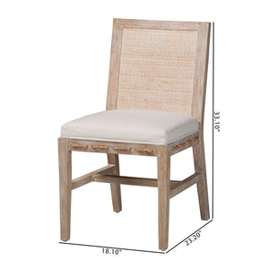 Baxton Studio Bali & Pari Handwoven Natural Dining Chairs with Solid Mahogany Legs Bohemian Coastal Style Whitewash Beige/White Mahogany Wood / Natural Rattan Webbing / Fabric 18.1W x 23.2D x 33.1H MD-39960-Ashford-White Wash-Wood-Cushion-DC