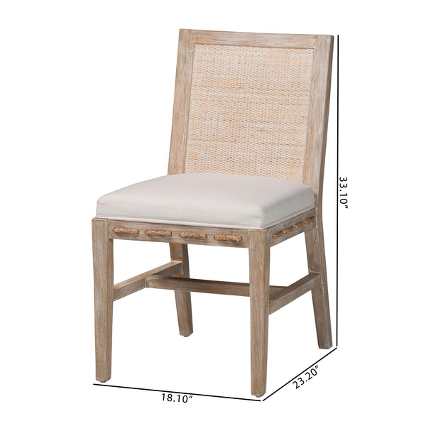 Baxton Studio Bali & Pari Handwoven Natural Dining Chairs with Solid Mahogany Legs Bohemian Coastal Style Whitewash Beige/White Mahogany Wood / Natural Rattan Webbing / Fabric 18.1W x 23.2D x 33.1H MD-39960-Ashford-White Wash-Wood-Cushion-DC