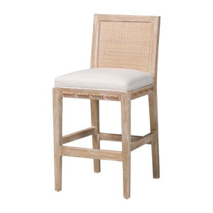 Baxton Studio Bali & Pari Handwoven Rattan Counter Stool Mahogany Frame Boho Coastal Kitchen Seating Whitewash Beige/White Frame: Mahogany Wood; Backrest: Natural Rattan Webbing; Underneath Seat: Plywood; Upholstery: Fabric 100% Polyester + Foam 17.3W x 21.1D x 36.2H MD-39961-Ashford-White Wash-Wood-Cushion-CS