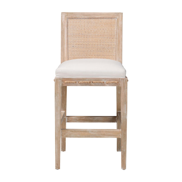 Baxton Studio Bali & Pari Handwoven Rattan Counter Stool Mahogany Frame Boho Coastal Kitchen Seating Whitewash Beige/White Frame: Mahogany Wood; Backrest: Natural Rattan Webbing; Underneath Seat: Plywood; Upholstery: Fabric 100% Polyester + Foam 17.3W x 21.1D x 36.2H MD-39961-Ashford-White Wash-Wood-Cushion-CS