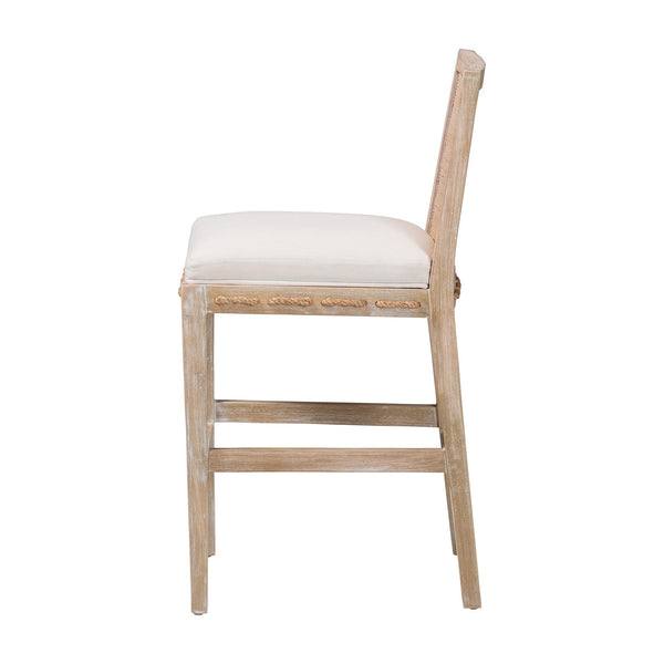 Baxton Studio Bali & Pari Handwoven Rattan Counter Stool Mahogany Frame Boho Coastal Kitchen Seating Whitewash Beige/White Frame: Mahogany Wood; Backrest: Natural Rattan Webbing; Underneath Seat: Plywood; Upholstery: Fabric 100% Polyester + Foam 17.3W x 21.1D x 36.2H MD-39961-Ashford-White Wash-Wood-Cushion-CS