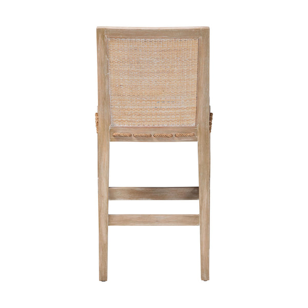 Baxton Studio Bali & Pari Handwoven Rattan Counter Stool Mahogany Frame Boho Coastal Kitchen Seating Whitewash Beige/White Frame: Mahogany Wood; Backrest: Natural Rattan Webbing; Underneath Seat: Plywood; Upholstery: Fabric 100% Polyester + Foam 17.3W x 21.1D x 36.2H MD-39961-Ashford-White Wash-Wood-Cushion-CS