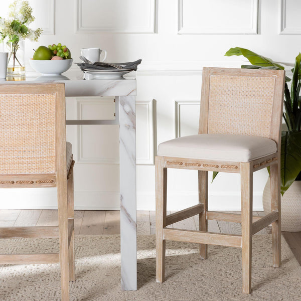 Baxton Studio Bali & Pari Handwoven Rattan Counter Stool Mahogany Frame Boho Coastal Kitchen Seating Whitewash Beige/White Frame: Mahogany Wood; Backrest: Natural Rattan Webbing; Underneath Seat: Plywood; Upholstery: Fabric 100% Polyester + Foam 17.3W x 21.1D x 36.2H MD-39961-Ashford-White Wash-Wood-Cushion-CS