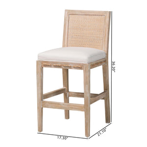 Baxton Studio Bali & Pari Handwoven Rattan Counter Stool Mahogany Frame Boho Coastal Kitchen Seating Whitewash Beige/White Frame: Mahogany Wood; Backrest: Natural Rattan Webbing; Underneath Seat: Plywood; Upholstery: Fabric 100% Polyester + Foam 17.3W x 21.1D x 36.2H MD-39961-Ashford-White Wash-Wood-Cushion-CS
