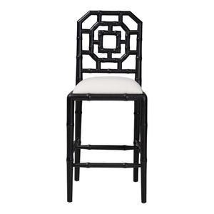 Bali & Pari Boone Solid Mahogany Counter Stool with Carved Chinoiserie Openwork Back and Cushion