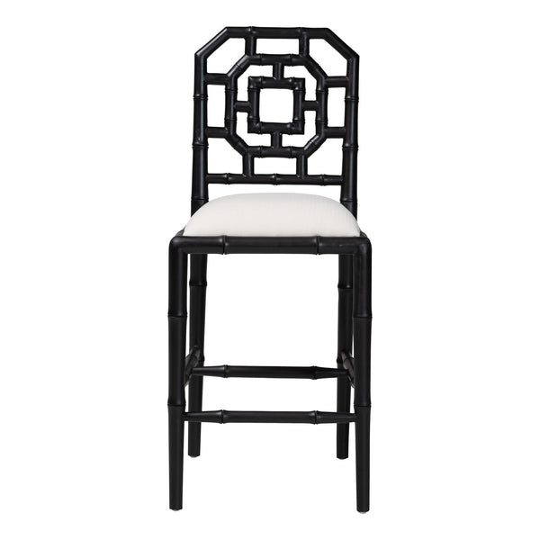 Bali & Pari Boone Solid Mahogany Counter Stool with Carved Chinoiserie Openwork Back and Cushion