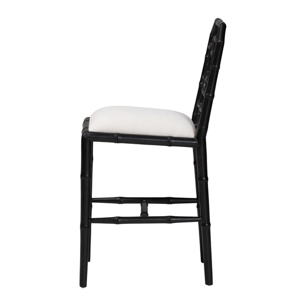 Bali & Pari Boone Solid Mahogany Counter Stool with Carved Chinoiserie Openwork Back and Cushion