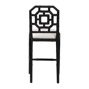Bali & Pari Boone Solid Mahogany Counter Stool with Carved Chinoiserie Openwork Back and Cushion