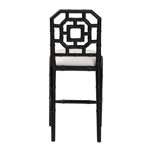 Bali & Pari Boone Solid Mahogany Counter Stool with Carved Chinoiserie Openwork Back and Cushion