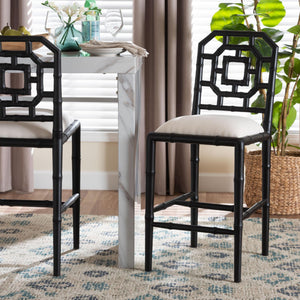 Bali & Pari Boone Solid Mahogany Counter Stool with Carved Chinoiserie Openwork Back and Cushion