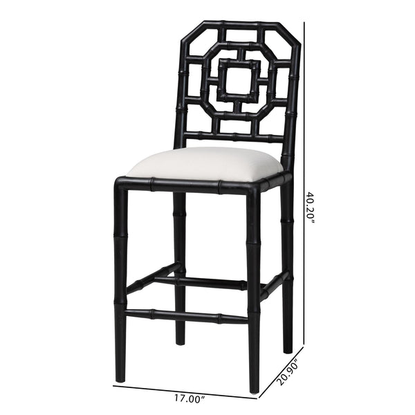 Bali & Pari Boone Solid Mahogany Counter Stool with Carved Chinoiserie Openwork Back and Cushion