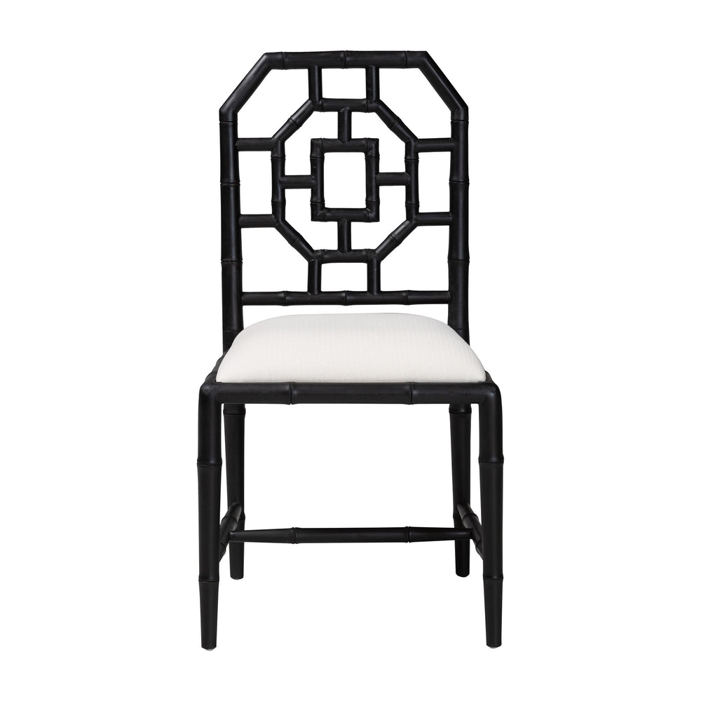 Baxton Studio Bali & Pari Boone Solid Mahogany Dining Chair with Carved Chinoiserie Openwork Back Design Black/White MD-39975-Boone-Black-DC