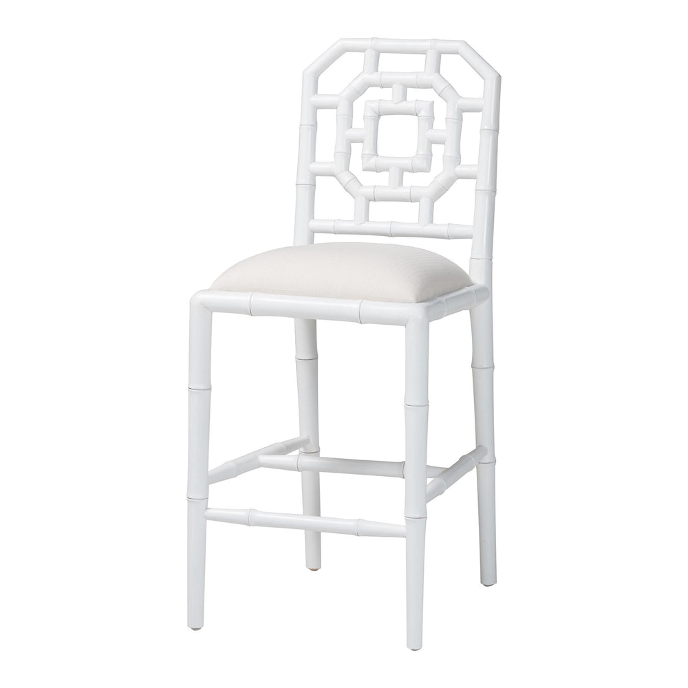 Baxton Studio Bali & Pari Boone Solid Mahogany Counter Stool with Carved Chinoiserie Openwork Back and Cushion White MD-39975-Boone-White-CS