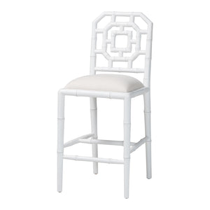 Baxton Studio Bali & Pari Boone Solid Mahogany Counter Stool with Carved Chinoiserie Openwork Back and Cushion White MD-39975-Boone-White-CS