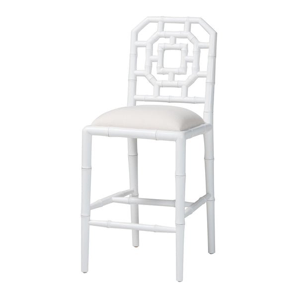 Baxton Studio Bali & Pari Boone Solid Mahogany Counter Stool with Carved Chinoiserie Openwork Back and Cushion White MD-39975-Boone-White-CS