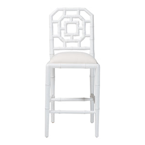 Bali & Pari Boone Solid Mahogany Counter Stool with Carved Chinoiserie Openwork Back and Cushion