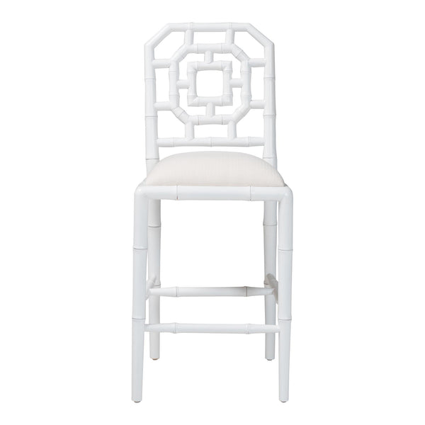 Bali & Pari Boone Solid Mahogany Counter Stool with Carved Chinoiserie Openwork Back and Cushion